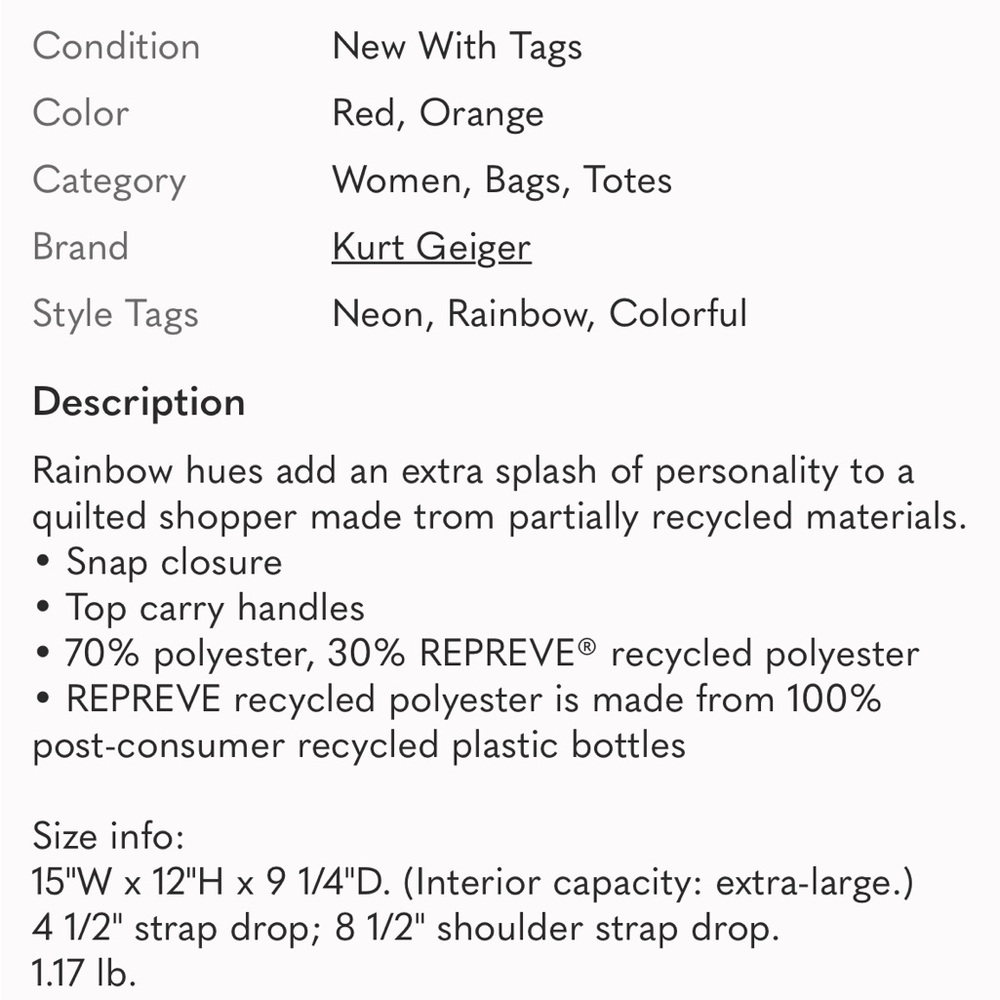 Kurt Geiger Quilted Nylon Large Shopper Rainbow Tote Shoulder Bag Rare - Picture 9 of 9